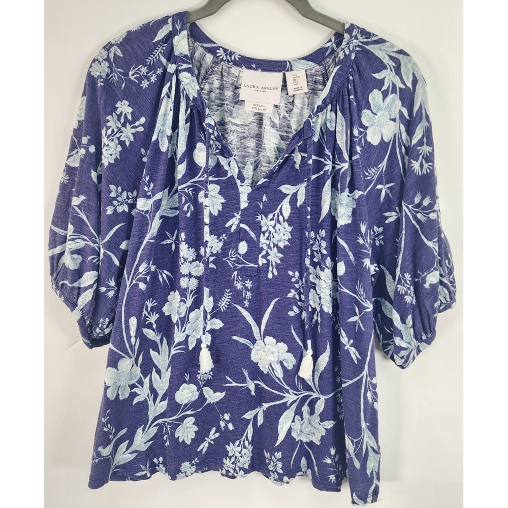 Laura Ashley Floral Linen Blend Top Womens L Blue Balloon Sleeve Tassle Tie Boho